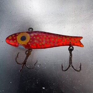 Vintage Red Yellow Polka Dot Fishing Lure Painted Eyes Treble Hooks 2.75"